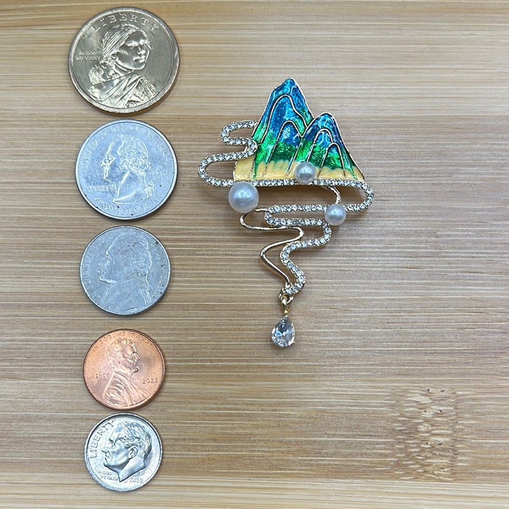 Vibrant Turquoise Mountain Scene Brooch with Silver Frame 1 1/2” by 2 1/4” - Picture 1 of 3